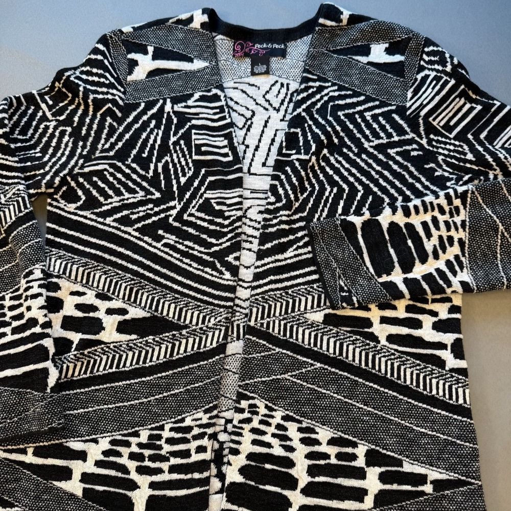 Peck‎ & Peck Black White Cardigan Sweater Open Front Woman's Sparkly Sz Large L